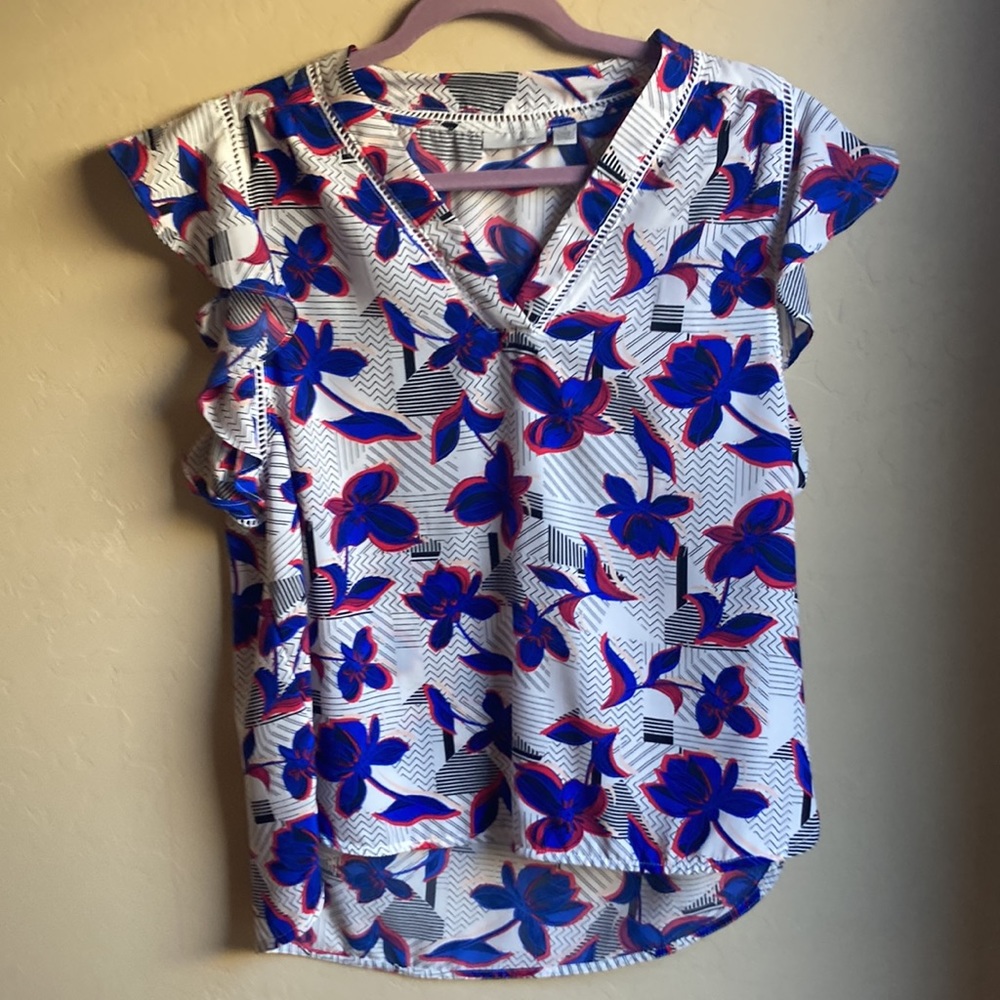 Floral V-Neck Flutter Sleeve Top - White with Blue & Pink Floral